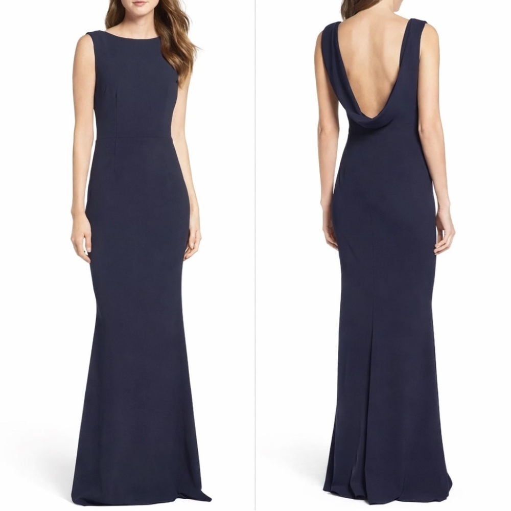 Navy Blue Gown Drape Back Sleeveless Full Length Katie May Vionnet Dress 4